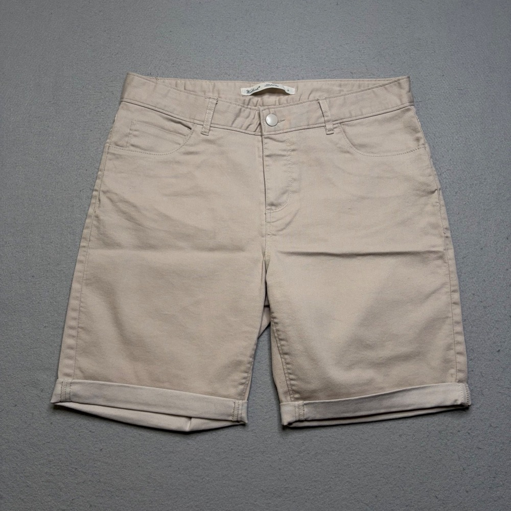 Woolrich Chino Shorts Women 10 Tan Beige Rolled Cuff Stretch Cotton Twill P54‎